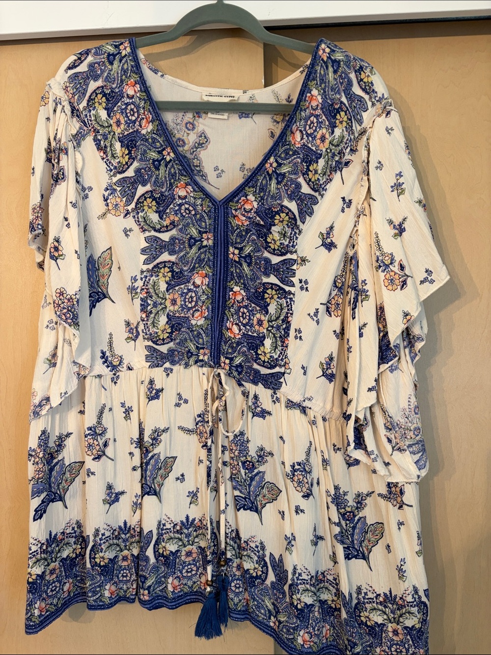 V-Neck Peasant Blouse - Ivory & Navy